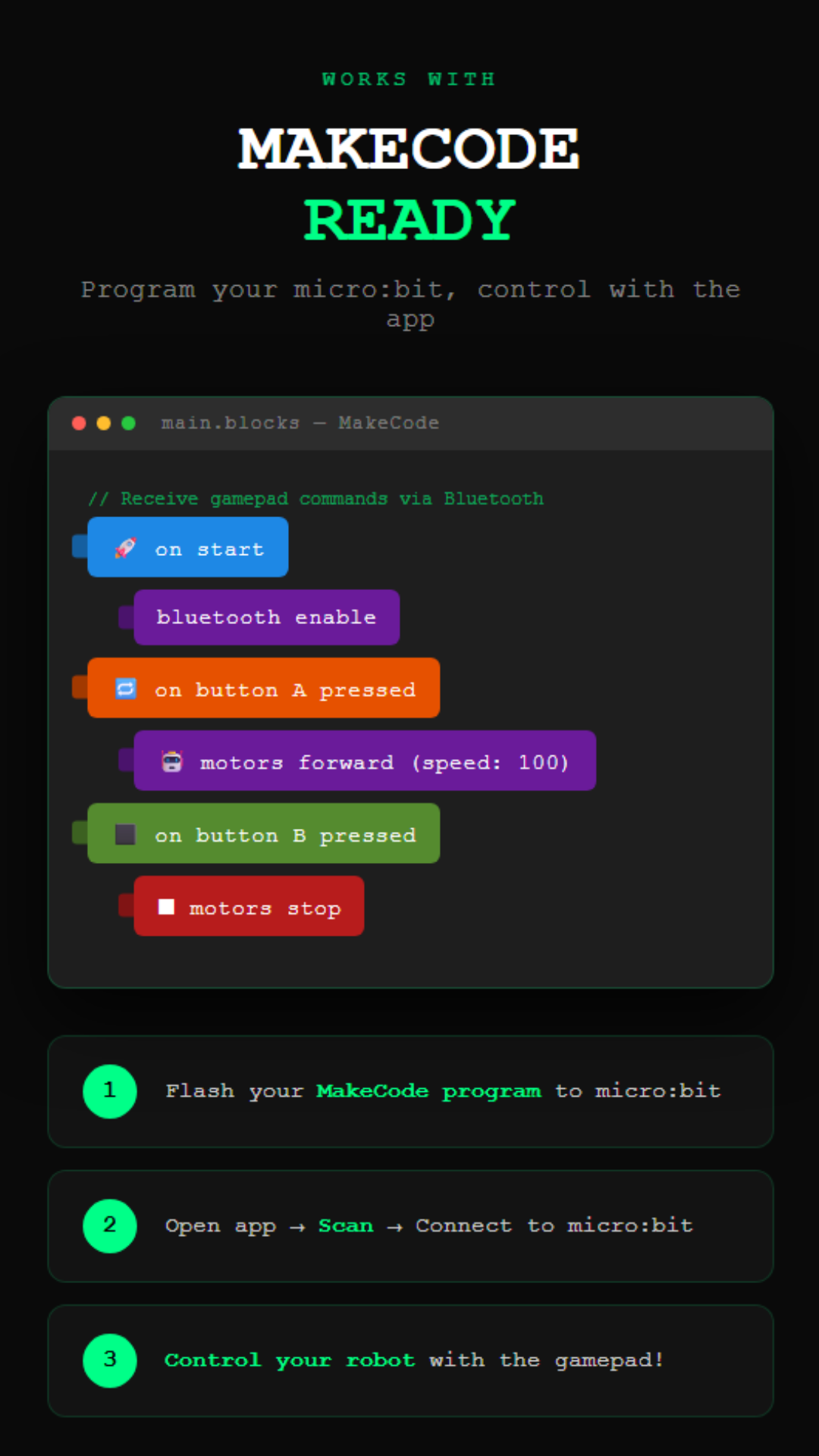 MakeCode Ready — Flash แล้วใช้ได้เลย