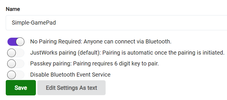 MakeCode Bluetooth extension settings — select No Pairing Required